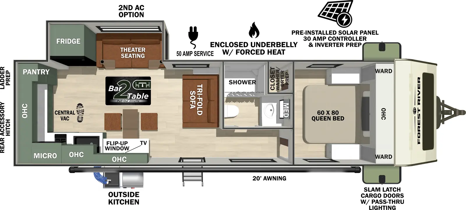 The No Boundaries NB20.8 floorplan has one entry and one slide out. Exterior features include: fiberglass exterior, 20' awning and outside kitchen. Interiors features include: rear kitchen and front bedroom.